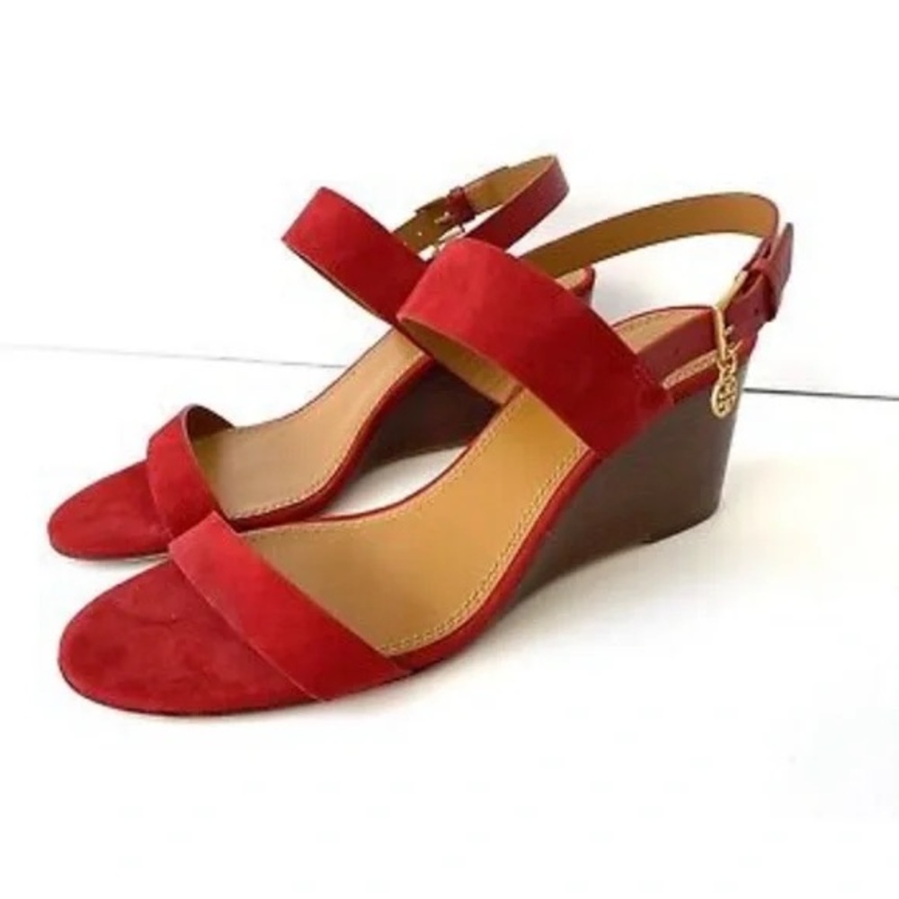 Tory Burch Benton Red Suede Wedge Sandals